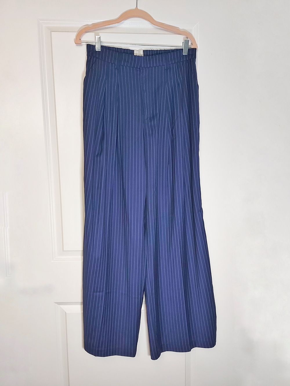 Maeve Navy Pinstripe Wide-Leg Pants with Orange Side Stripe - Picture 7 of 8